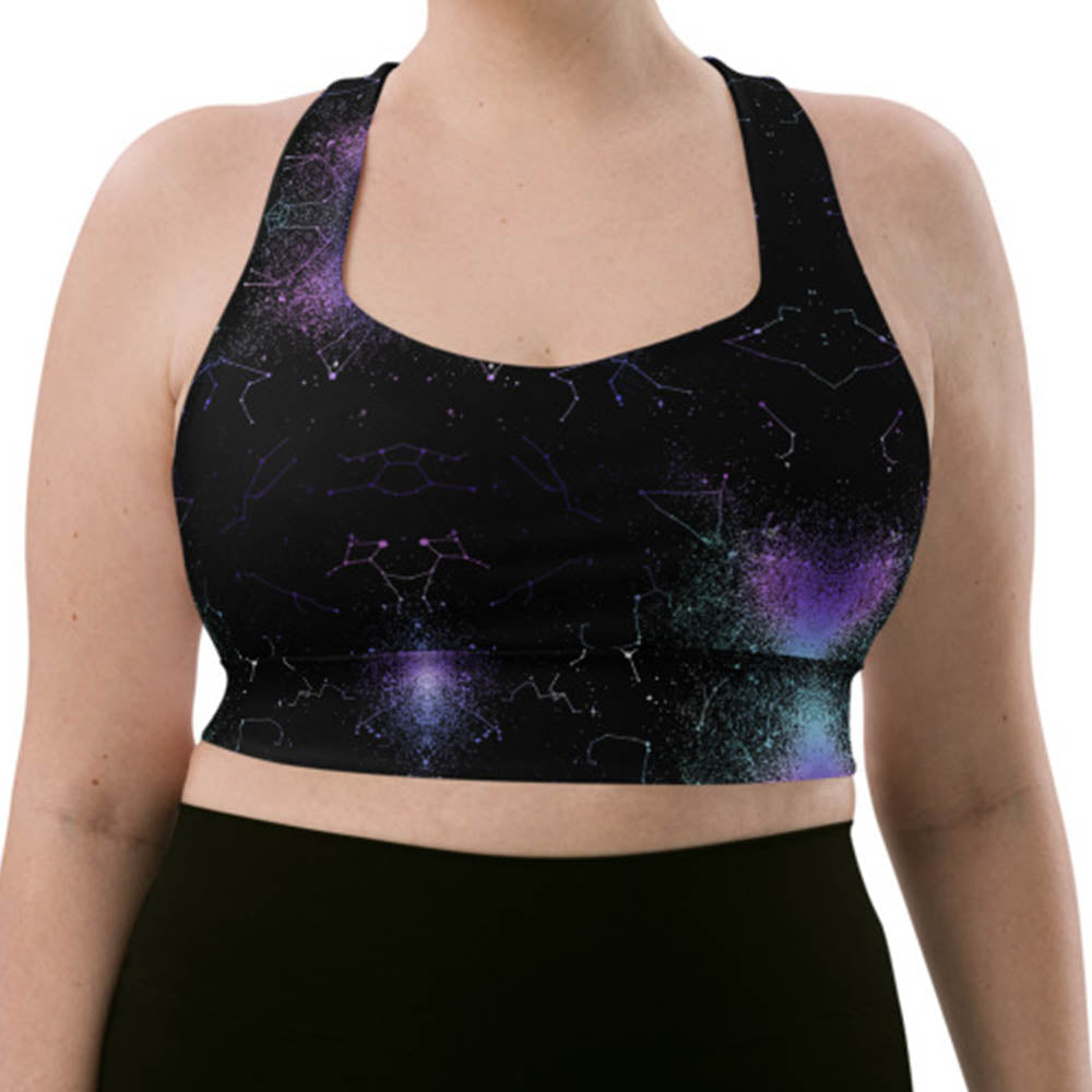 Purple Marble and Glitters Longline Sports Bra Compression, No See-see- through, Removable Padding, Double Layer Front 