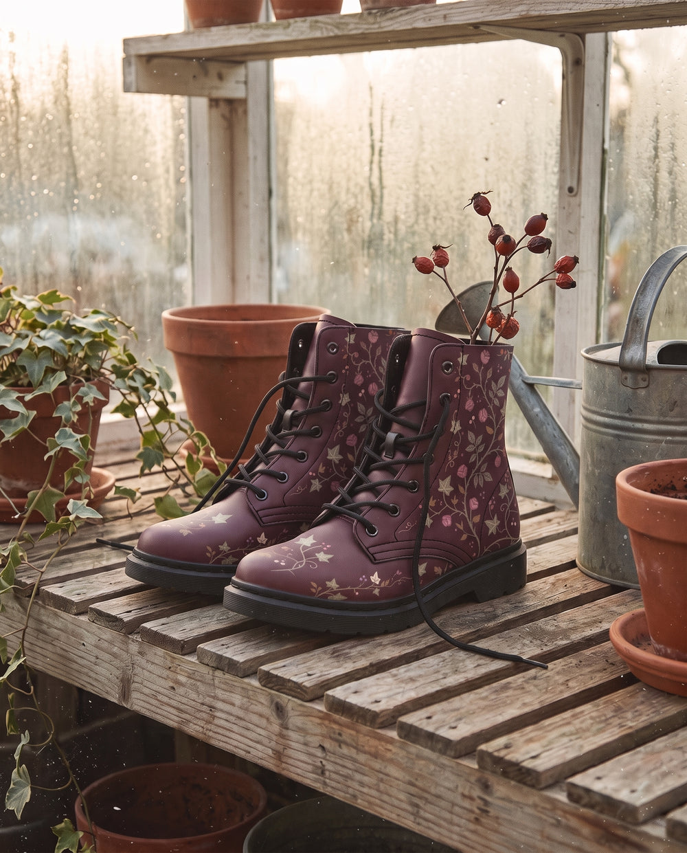 Cursed Rosebud Boots on a greenhouse potting bench with rosehips