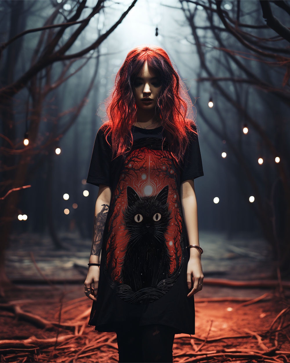 A person wearing a black t-shirt dress with a graphic of a black cat, standing in a dark forest with a red sky.