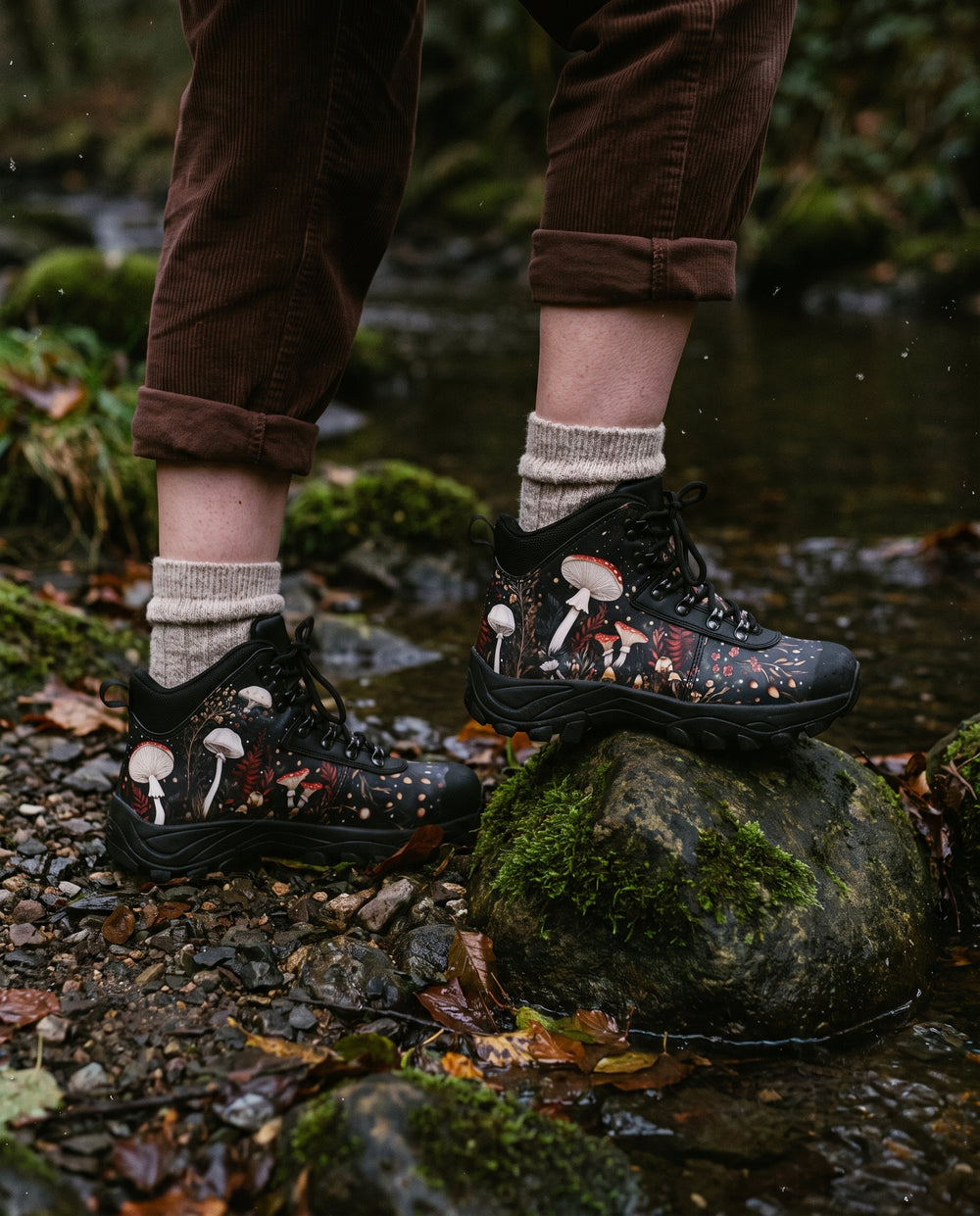 Person in brown corduroy trousers and wool socks standing on creek stones in Faery Fungi Outdoor Boots
