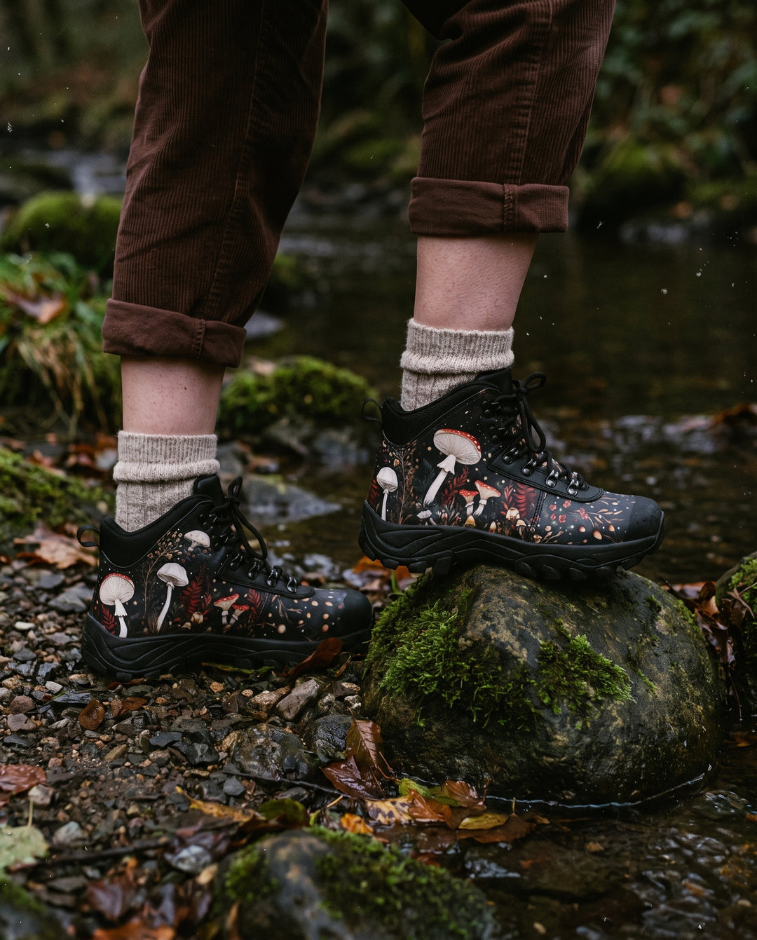 Person in brown corduroy trousers and wool socks standing on creek stones in Faery Fungi Outdoor Boots