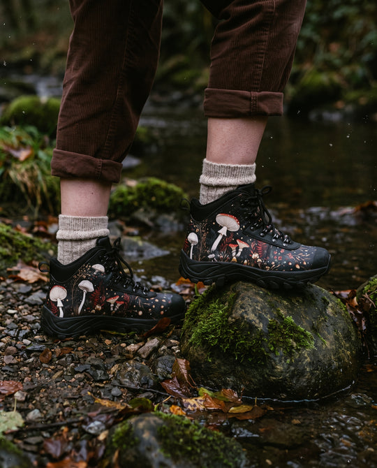 Person in brown corduroy trousers and wool socks standing on creek stones in Faery Fungi Outdoor Boots
