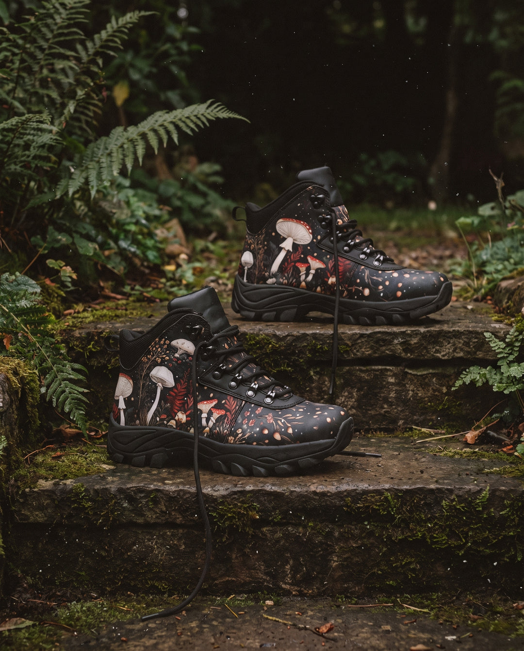 Faery Fungi Outdoor Boots on mossy stone steps beside ferns