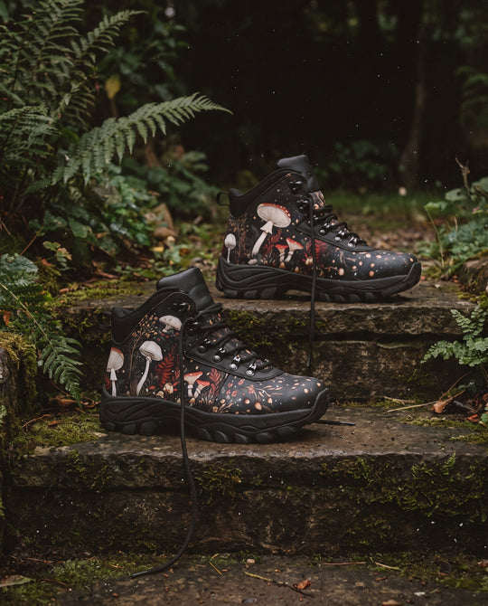 Faery Fungi Outdoor Boots on mossy stone steps beside ferns