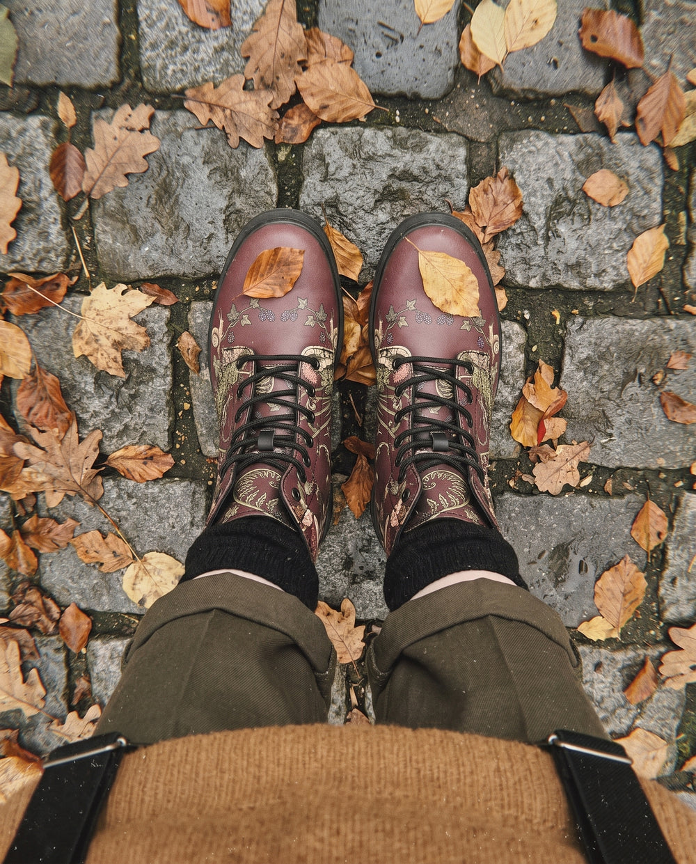 Fern Frenzy Boots from above on an autumn lane