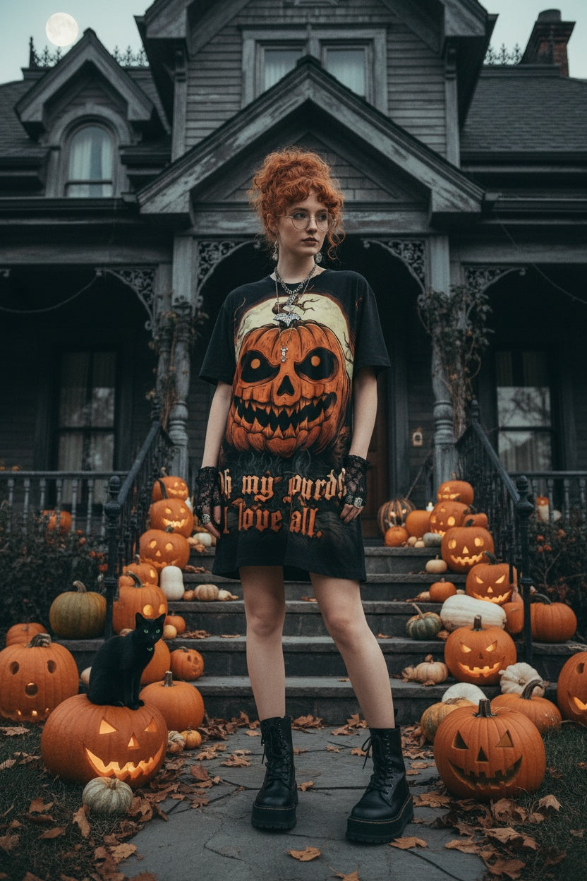 Person wearing a Halloween-themed t-shirt in front of a haunted house with pumpkins.