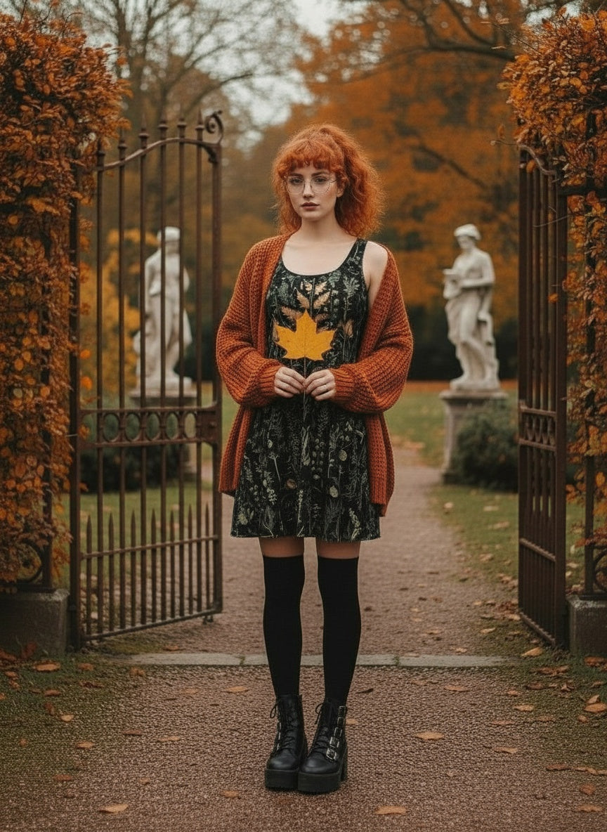 Woman with red hair standing in an autumnal garden with statues and foliage.