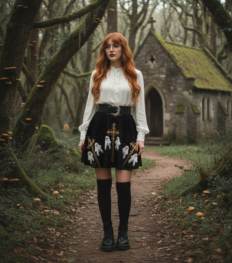 Woman with red hair standing in a forest path with a rustic building in the background
