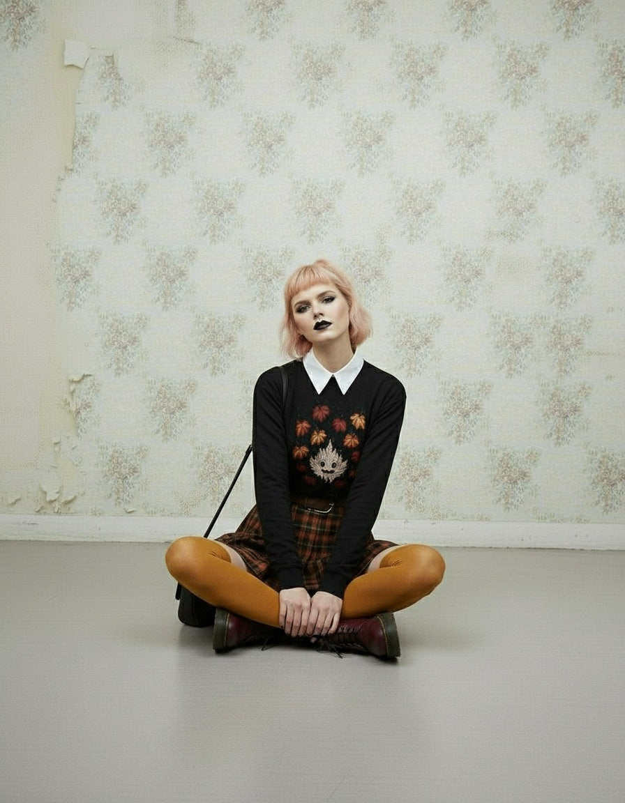 Person sitting on the floor against a patterned wall