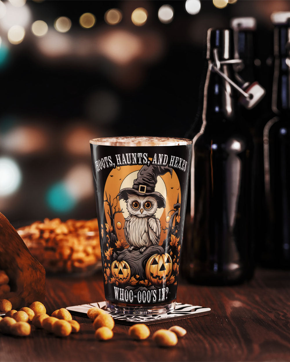 Hoots Haunts and Hexes Pint Glass - Gothic Kitchen Glassware with Grunge Aesthetic for Halloween Gifts Goth Halloween Party
