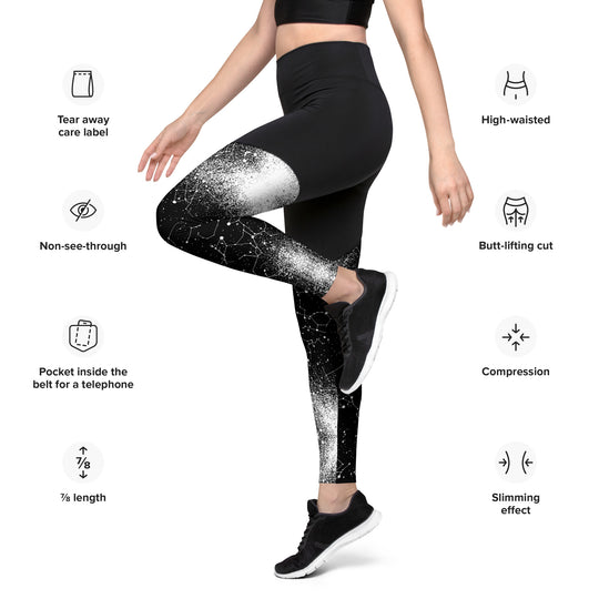 Constellation Sports Leggings - Slimming Effect Compression Fabric with Bum-lift cut - UPF 50+ Protection, Vegan Sportswear