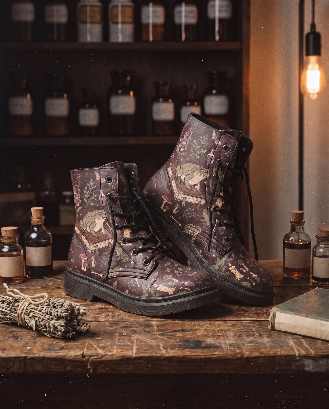 Toad Crypt Boots standing on a worn wooden apothecary table among old glass bottles