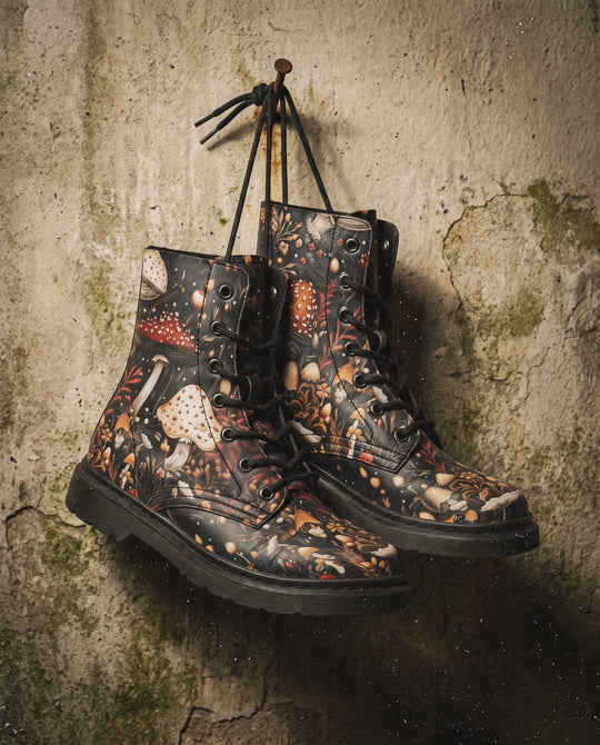Toadstool Harvest Boots hanging by their laces from a nail on a weathered wall
