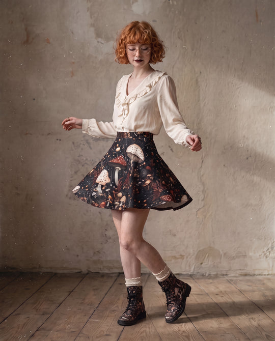 Toadstool Harvest Skater Skirt with a cream ruffle blouse