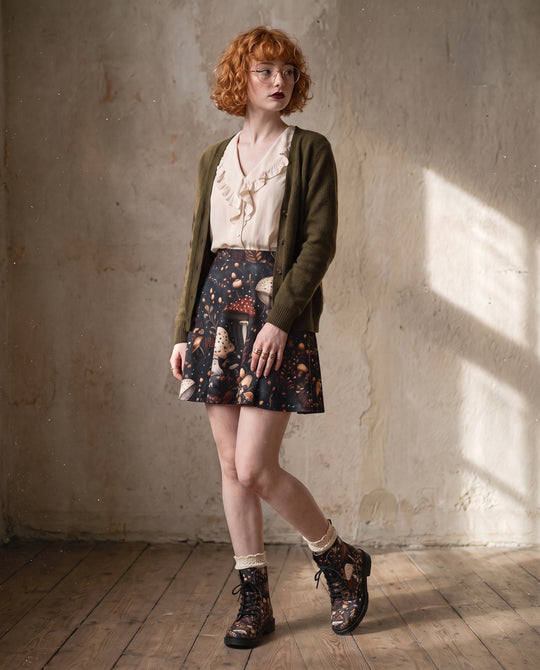 Toadstool Harvest Skater Skirt with an olive cardigan, natural window light