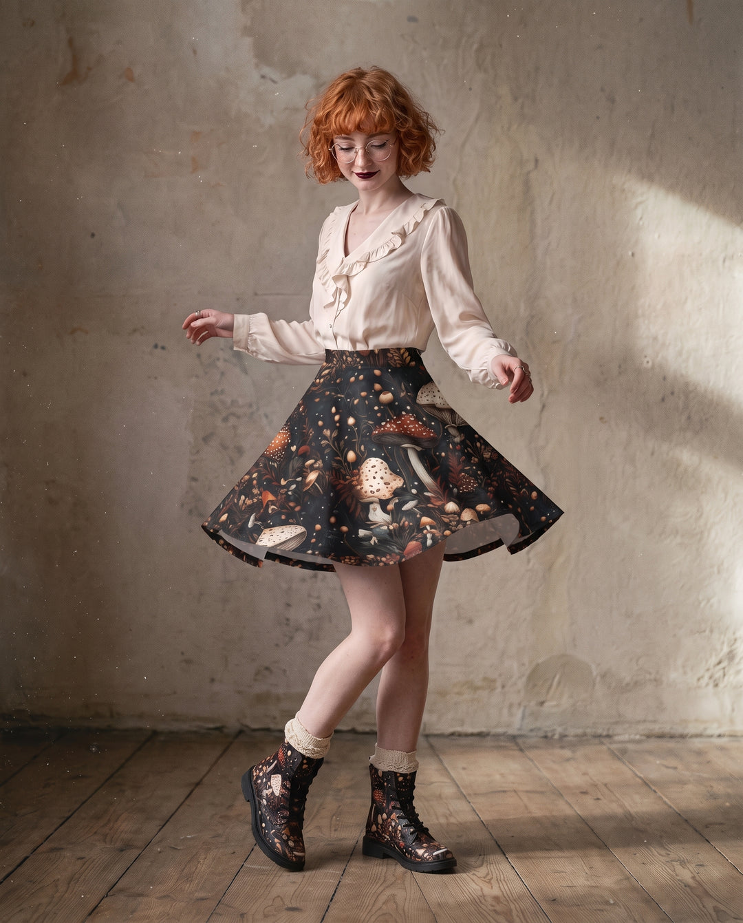 Toadstool Harvest Skater Skirt, full look with lace-up boots
