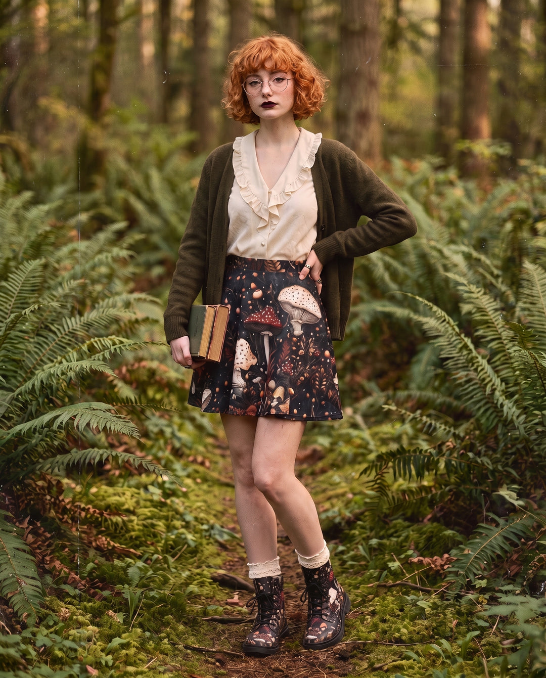 Toadstool Harvest Skater Skirt styled with an olive cardigan on a fern-lined forest path