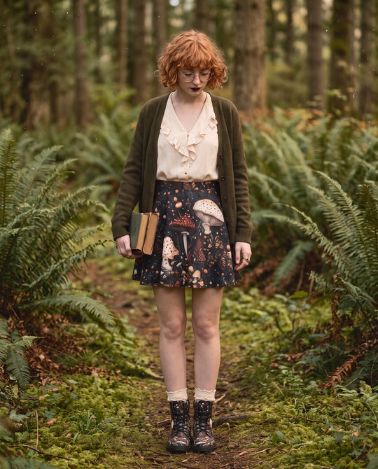 Toadstool Harvest Skater Skirt worn with lace-up boots in the woodland