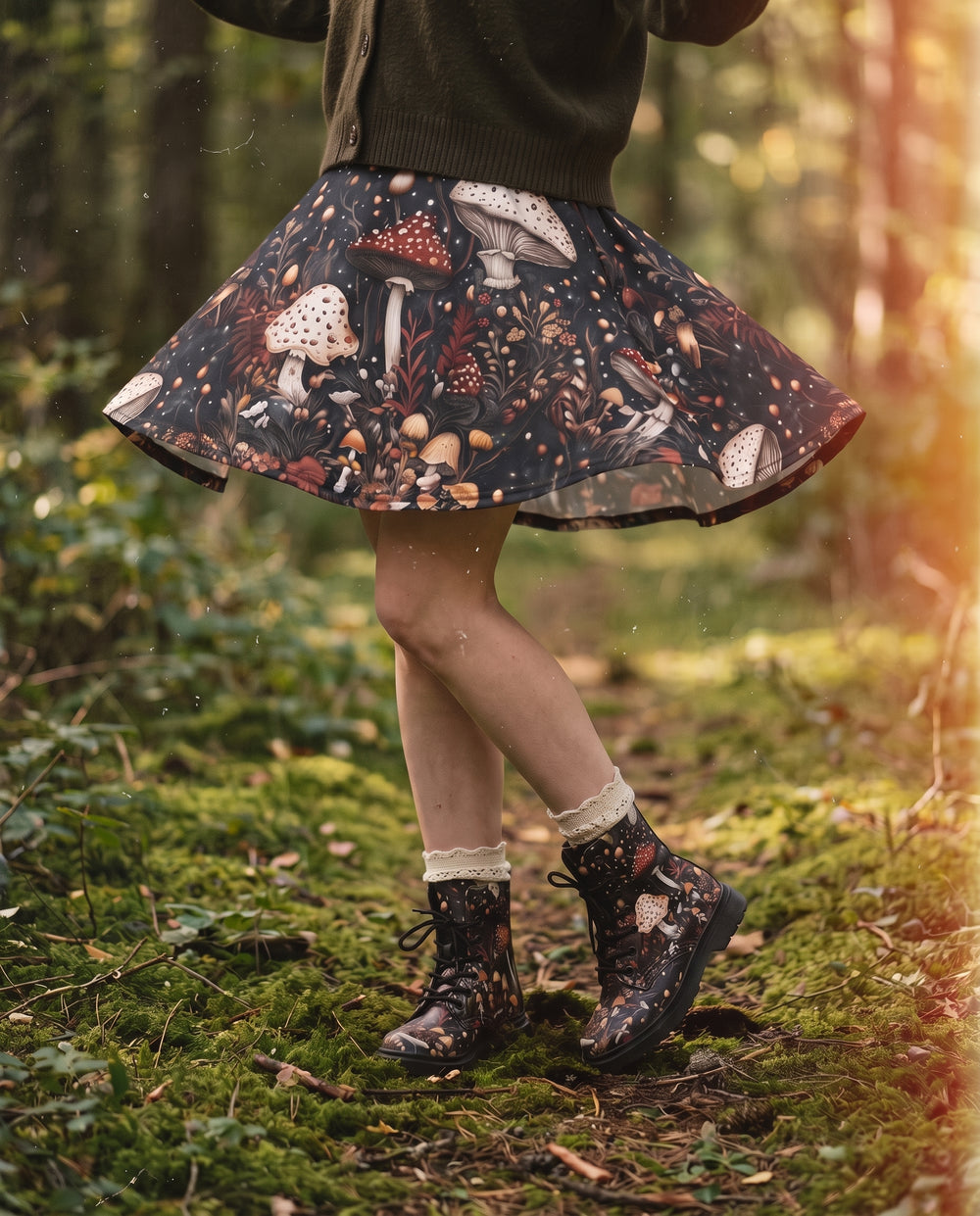 Toadstool Harvest Skater Skirt mid-twirl showing the mushroom print