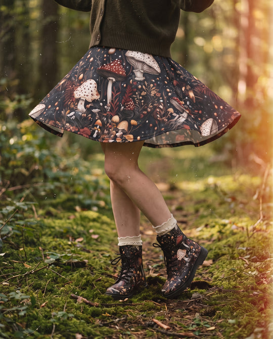 Toadstool Harvest Skater Skirt mid-twirl showing the mushroom print