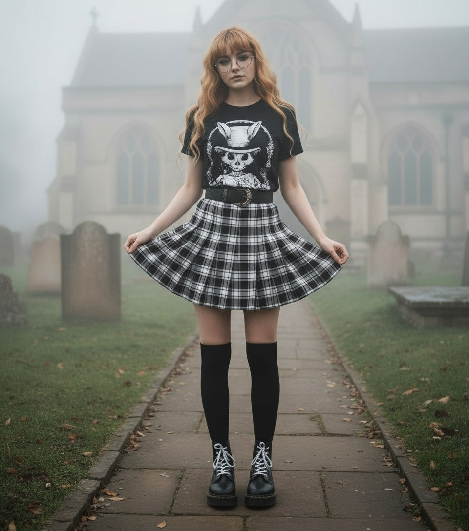 Woman in a plaid skirt and graphic t-shirt standing in a foggy cemetery.